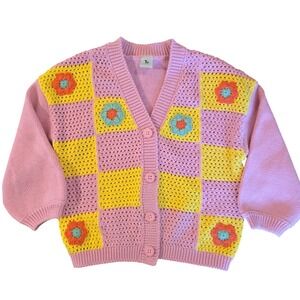 Tu Kids Pink Yellow Crochet Floral Checkerboard Cardigan Sweater‎ 3 Years 98cm